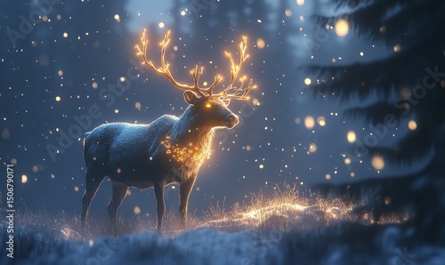 majestic reindeer with glowing antlers standing in a snowy clearing under softly falling snow, Generative AI