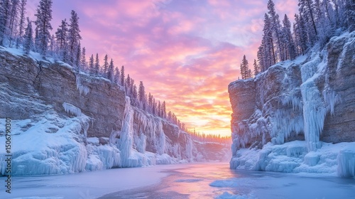 dramatic icy canyon glowing under the vibrant colors of a winter sunrise with frosted pines clinging to the cliffs, Generative AI