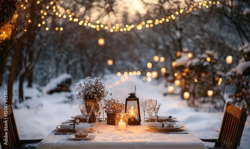 elegantly set outdoor dining table in a snow-covered clearing illuminated by fairy lights and lanterns, Generative AI