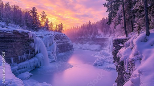 dramatic icy canyon glowing under the vibrant colors of a winter sunrise with frosted pines clinging to the cliffs, Generative AI