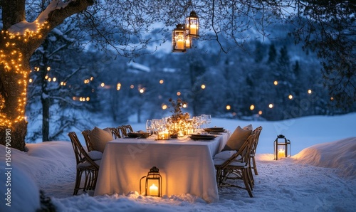 elegantly set outdoor dining table in a snow-covered clearing illuminated by fairy lights and lanterns, Generative AI