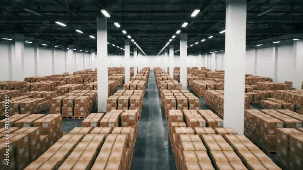 A spacious warehouse is organized with rows of stacked boxes, showcasing efficient inventory management. Workers prepare goods for shipping, ensuring timely deliveries.
