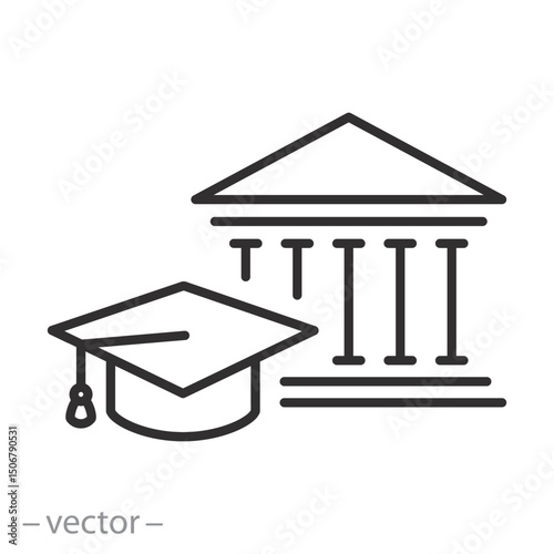 university icon, school building, educational institution, thin line symbol on white background, editable stroke vector illustration