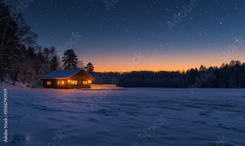 dramatic northern lights shimmering over a serene snow-covered valley with a glowing cabin in the distance, Generative AI