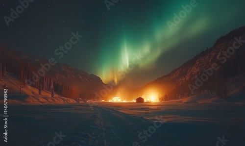 dramatic northern lights shimmering over a serene snow-covered valley with a glowing cabin in the distance, Generative AI