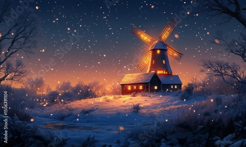 elegantly illustrated Christmas card featuring a glowing lighthouse atop a snowy cliff under golden twilight, Generative AI