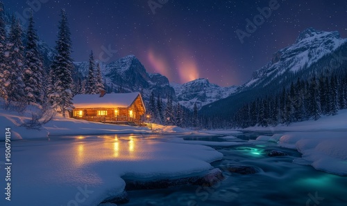 dramatic northern lights shimmering over a serene snow-covered valley with a glowing cabin in the distance, Generative AI