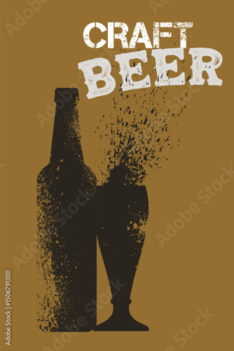 Craft beer bottle, glass splash, pub poster design, vector, flat design, Oktoberfest beer party, alcohol, lager