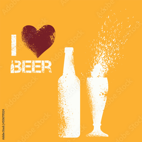 Poster for bar, pub, stencil style, spray, print on t-shirt I love beer. Beer bottle, glass, splashes, flat design, drink party