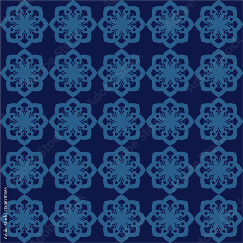 Seamless Geometric Pattern Featuring Detailed Floral Motifs in Blue Shades