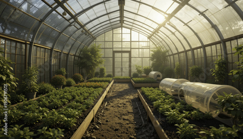 sunlit greenhouse interior with rows of lush green plants and small trees  showcasing serene and thriving environment. structure is made of glass and metal  allowing natural light to flood in