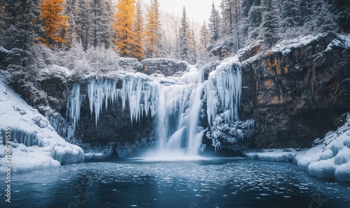 majestic frozen waterfall cascading over sparkling icicles surrounded by frosted evergreens, Generative AI