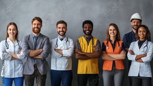 A professional studio portrait of diverse workers from different industries