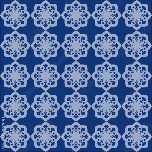 Elegant snowflake pattern in navy blue with repeating floral motifs