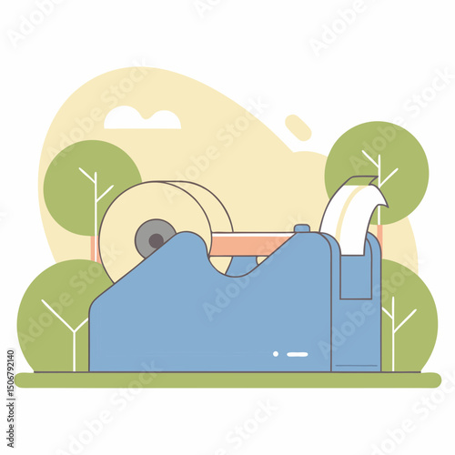 Tape dispenser adhesive tape office supply blue vector icon isolated flat style stationery outdoor background. cheerful tape dispenser illustration with trees and sky in minimal flat design