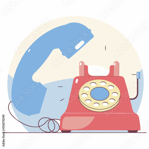 Rotary phone illustration, vintage red landline telephone with blue handset, retro communication device, nostalgic style, isolated on transparency background