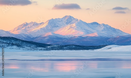 majestic snow-capped mountain peaks towering over a tranquil frozen lake under soft pink skies, Generative AI