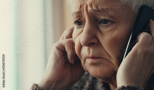 Close-up of elderly woman holding smartphone with concerned expression, suggesting distress, bad news, or emotional conversation during a phone call.