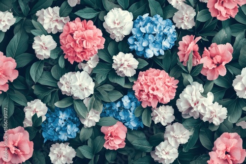 Vibrant Floral Tapestry: A Symphony of Pink, White, and Blue Hydrangeas and Carnations