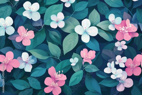 Enchanted Garden: A Serene Tapestry of Pink and White Blossoms Amidst Lush Green Foliage