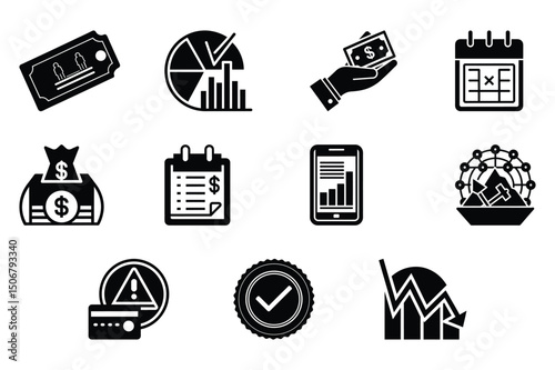 Business, finance and Banking  icons set. cash, saving, financial goal, profit, budget, earning money, Containing bank, deposit, investment, and banking service, icons, in black design