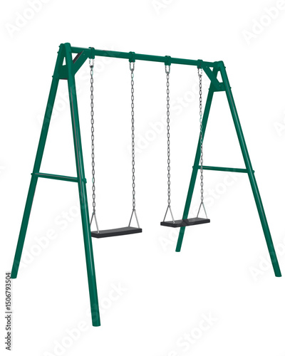 Green Metal Swing Set with Two Swings in an Outdoor Playground  