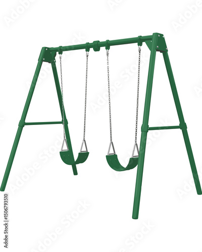 Green Metal Swing Set with Two Swings in an Outdoor Playground  
