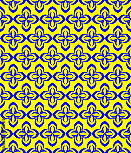 Seamless Pattern of Blue Floral Motifs on Yellow Background