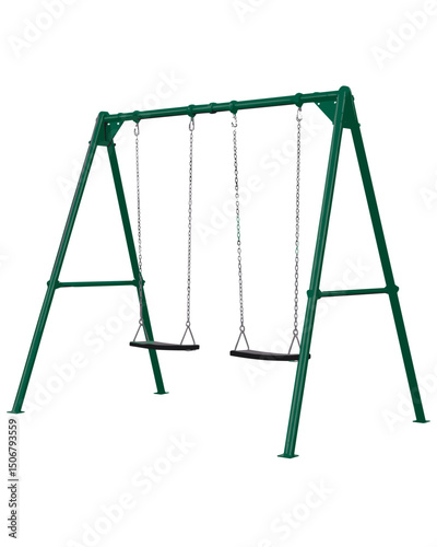 Green Metal Swing Set with Two Swings in an Outdoor Playground  