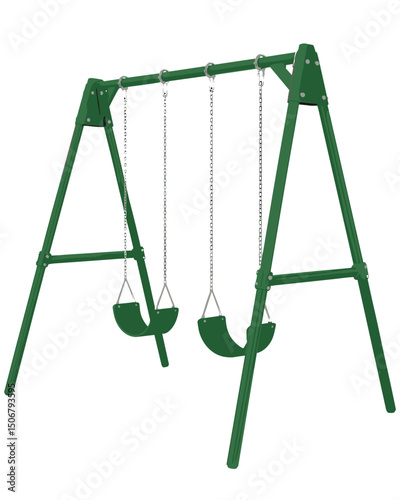 Green Metal Swing Set with Two Swings in an Outdoor Playground  