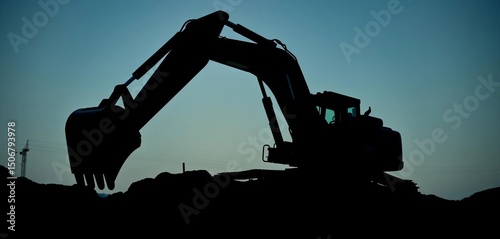 Black silhouette of excavator, heavy construction equipment, excavator,  mining