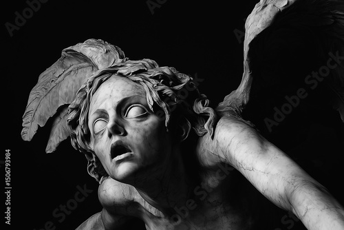 Blind harpy Euryale.  Marble statue.  Ancient  mythology. Horizontal black and wwhite image.