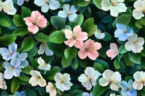 Stunning Floral Tapestry: A Seamless Pattern of Delicate Pink, Blue, and White Blossoms