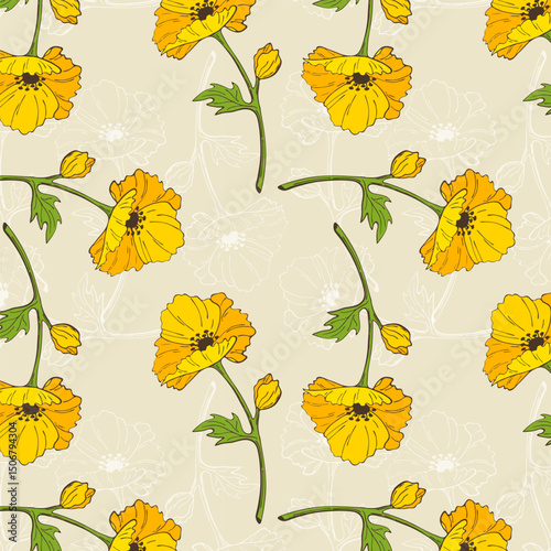 California poppy pattern, golden poppy on creme background. Yellow silhouettes of Eschscholzia flowers. 