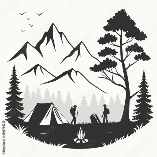 camp scene with mountains in background black sil