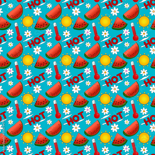 Seamless summer pattern with vector watermelon, sun, thermometers, clouds, flowers and HOT text on blue background. For Summertime, food, dessert, fruit design, or National Watermelon Day celebration.