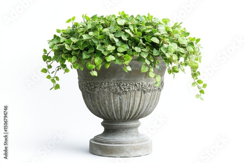 Ornate urn with lush green ivy plant isolated on white background