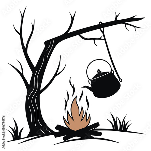 campfire with hanging kettle silhouette vector w
