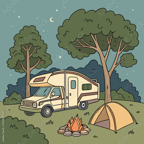 camping site with rv tent and trees