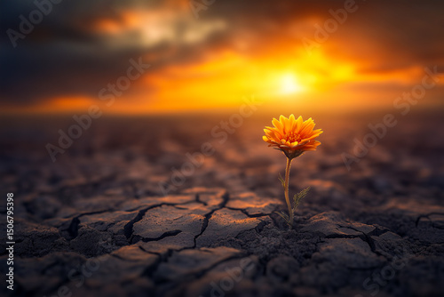 Orange flower growing from dry, cracked earth at sunset