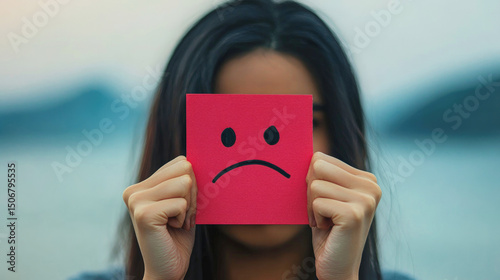 Woman holding red sad face card in front of face, symbolizing negative emotions, depression, mental health issues and emotional expression in a conceptual setting.