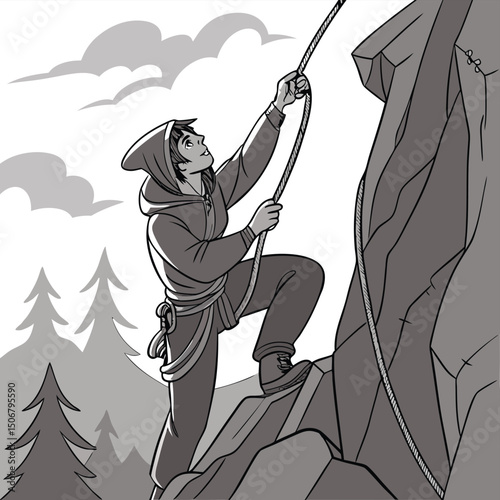 character climbing rocks with rope
