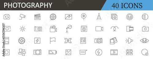 Photography linear icon set. Camera, photo, photographer, studio light, film cameras and photoshoot  icon collection. UI thin outline icons pack. Editable stroke.