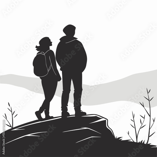 couple at summit looking out black silhouette vec