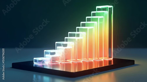 Colorful 3D bar chart representing growth on a sleek surface with a dark background