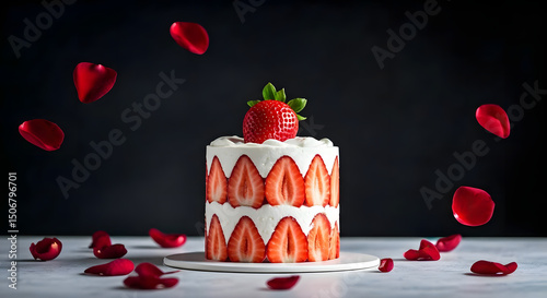 A minimal strawberry cake with a single strawberry on top front view, rose petals raining down behind it.