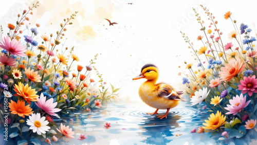 Adorable Duckling Amidst Vibrant Wildflowers By A Tranquil Pond