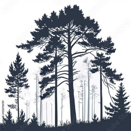 dense pine forest black silhouette vector white