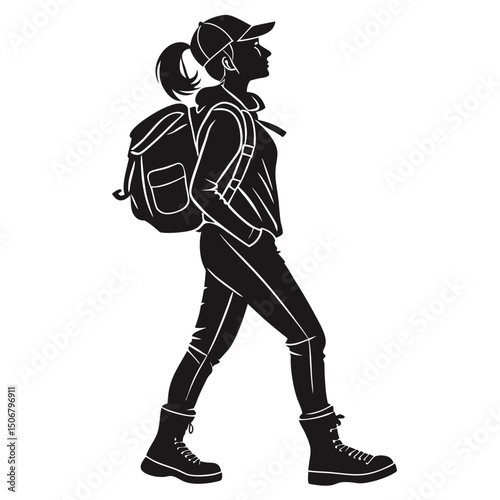 female hiker in ponytail wearing boots black silh
