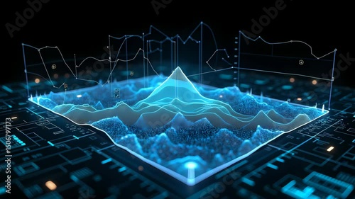Futuristic 3D Data Visualization with Graphs and Digital Elements in a High-Tech Environment